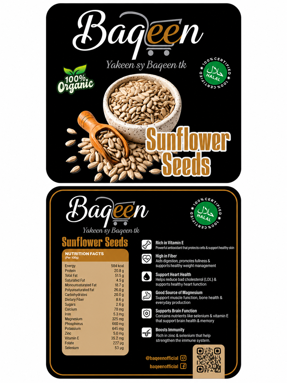 Baqeen™ 100% Organic Raw Sunflower Seeds – Premium Halal Snack